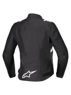Alpinestars Stella T-SPS V2 wasserdichte Jacke, Rückansicht, Damen-Textil-Motorradjacke, Schwarz mit weißen Akzenten, weißes Alpinestars Stern-Logo am unteren Rücken, sportliche, rennsportinspirierte Silhouette