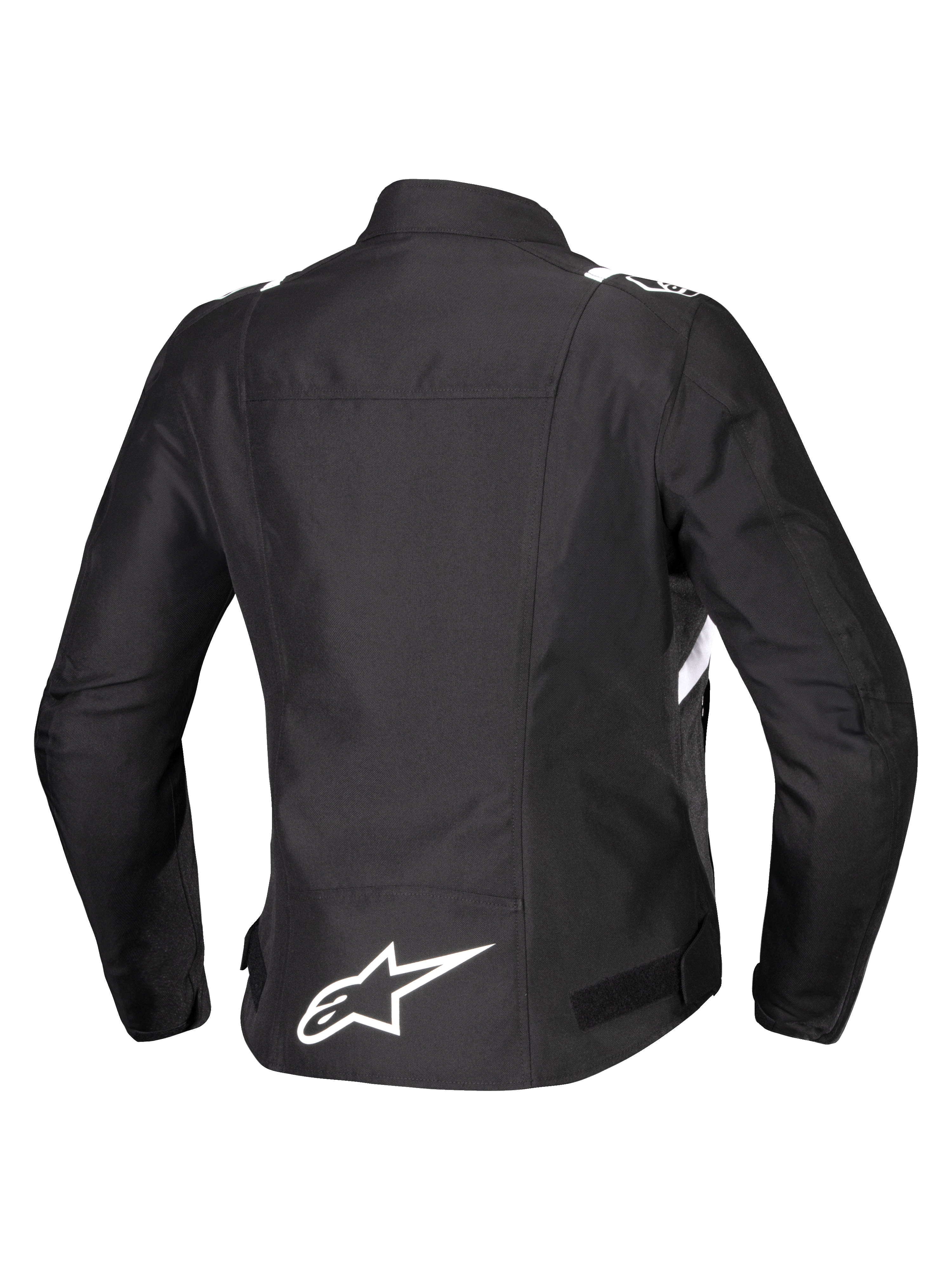 Alpinestars Stella T-SPS V2 wasserdichte Jacke, Rückansicht, Damen-Textil-Motorradjacke, Schwarz mit weißen Akzenten, weißes Alpinestars Stern-Logo am unteren Rücken, sportliche, rennsportinspirierte Silhouette