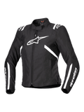 Alpinestars Stella T-SPS V2 Wasserdichte Jacke, Damen-Motorradjacke, Schwarz und Weiß, mit großem weißem Stern-Logo auf der Brust, weißen Streifen an Schultern und Ärmeln, schlanke rennsportinspirierte Silhouette, hoher Kragen, strapazierfähiges Textilgewebe