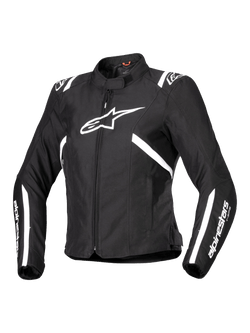 Alpinestars Stella T-SPS V2 Waterproof Jacket, Women's Motorcycle Jacket, Black and White, featuring a large white star logo on the chest, white stripes on the shoulders and sleeves, sleek racing-inspired silhouette, high collar, and durable textile fabric