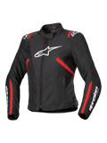 Alpinestars Stella T-SPS V2 Waterproof Jacket, Women's Sport Motorcycle Jacket, Black with Red Stripes and White Logos, race-inspired fitted design, featuring a high collar and front zipper