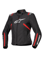 Alpinestars Stella T-SPS V2 Waterproof Jacket, Women's Sport Motorcycle Jacket, Black with Red Stripes and White Logos, race-inspired fitted design, featuring a high collar and front zipper