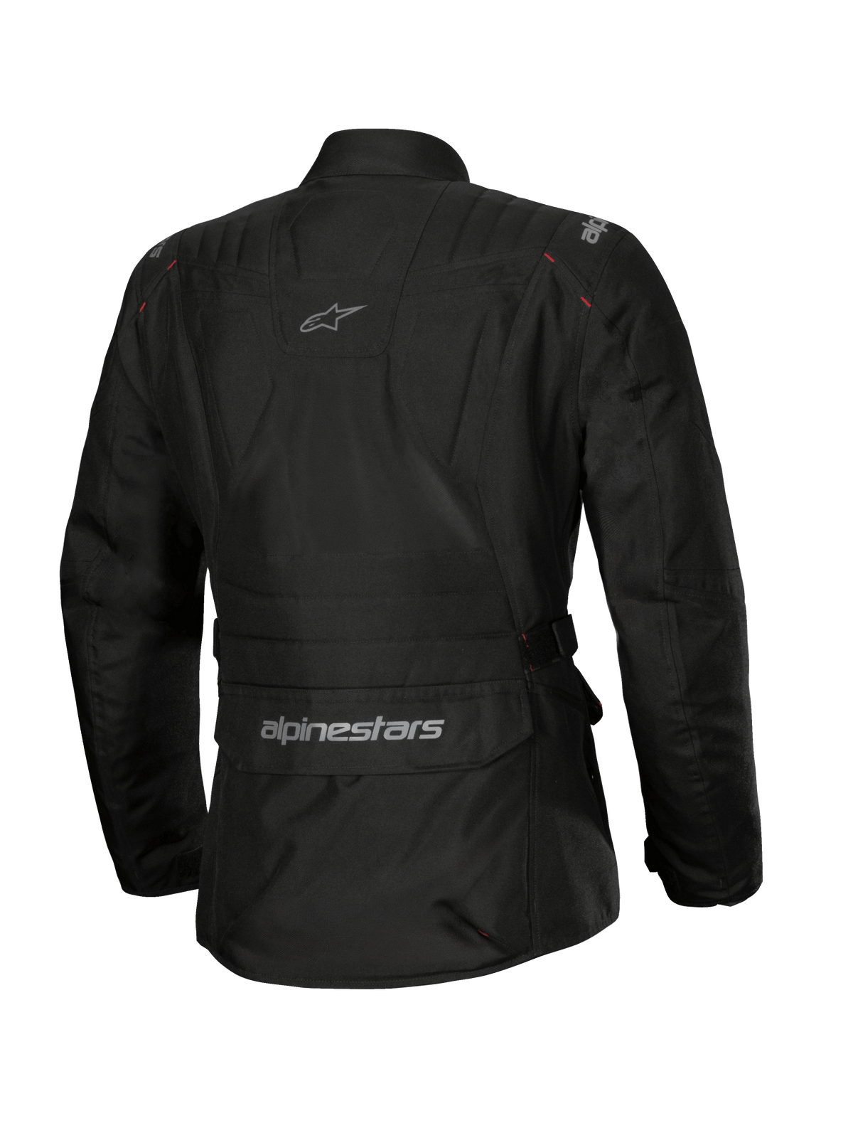 Alpinestars Stella ST-1 Wasserdichte Jacke, Damen-Motorradjacke, Schwarz, Rückansicht mit einer großen Cargo-Tasche am unteren Rücken mit Logo, Adventure-Touring-Design mit dezentem Branding am oberen Rücken, strapazierfähige wasserdichte Textilkonstruktion.