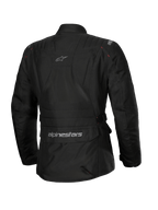 Alpinestars Stella ST-1 Wasserdichte Jacke, Damen-Motorradjacke, Schwarz, Rückansicht mit einer großen Cargo-Tasche am unteren Rücken mit Logo, Adventure-Touring-Design mit dezentem Branding am oberen Rücken, strapazierfähige wasserdichte Textilkonstruktion.