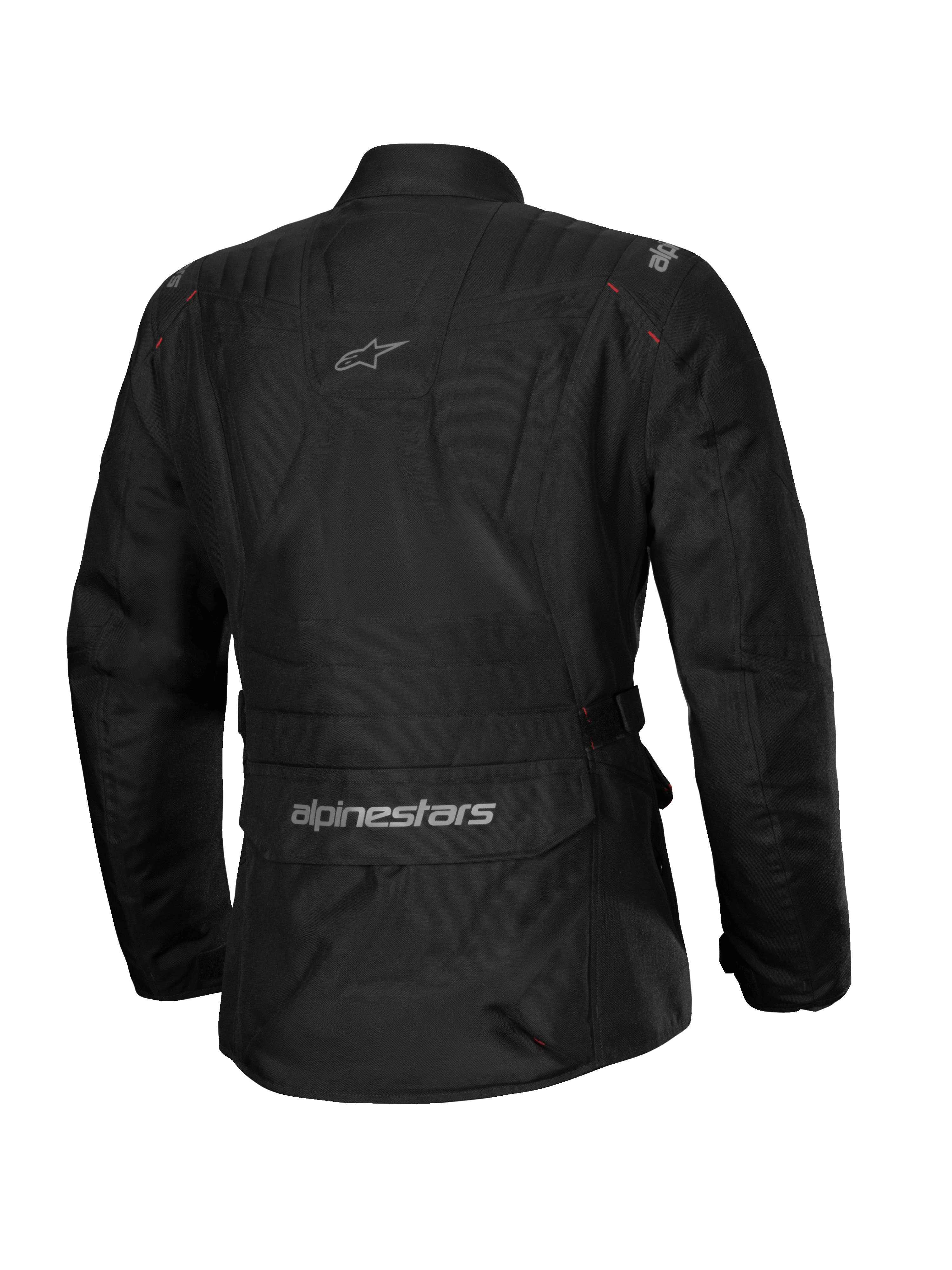 Alpinestars Stella ST-1 Wasserdichte Jacke, Damen-Motorradjacke, Schwarz, Rückansicht mit einer großen Cargo-Tasche am unteren Rücken mit Logo, Adventure-Touring-Design mit dezentem Branding am oberen Rücken, strapazierfähige wasserdichte Textilkonstruktion.