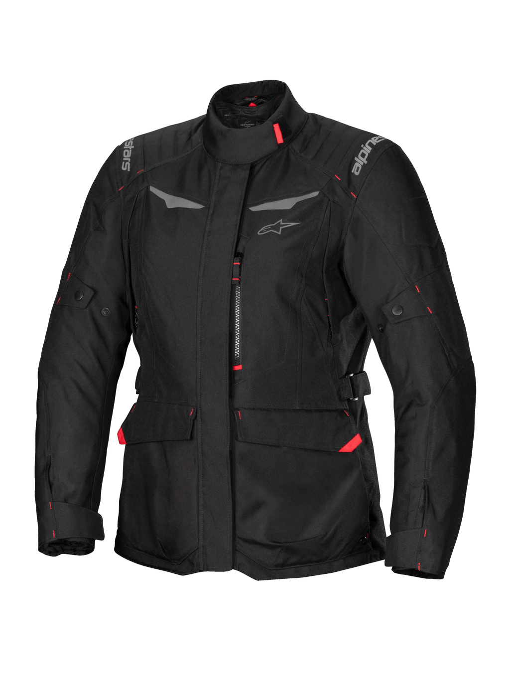 Alpinestars Stella ST-1 Wasserdichte Jacke, Damen-Motorrad-Tourenjacke, Schwarz mit roten Akzenten, hoher Kragen, Frontreißverschluss, große Cargo-Taschen an der Taille, verstellbare Taillen- und Ärmelbündchen, wetterfeste Konstruktion