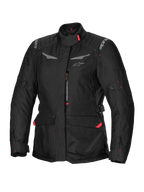 Alpinestars Stella ST-1 Wasserdichte Jacke, Damen-Motorrad-Tourenjacke, Schwarz mit roten Akzenten, hoher Kragen, Frontreißverschluss, große Cargo-Taschen an der Taille, verstellbare Taillen- und Ärmelbündchen, wetterfeste Konstruktion