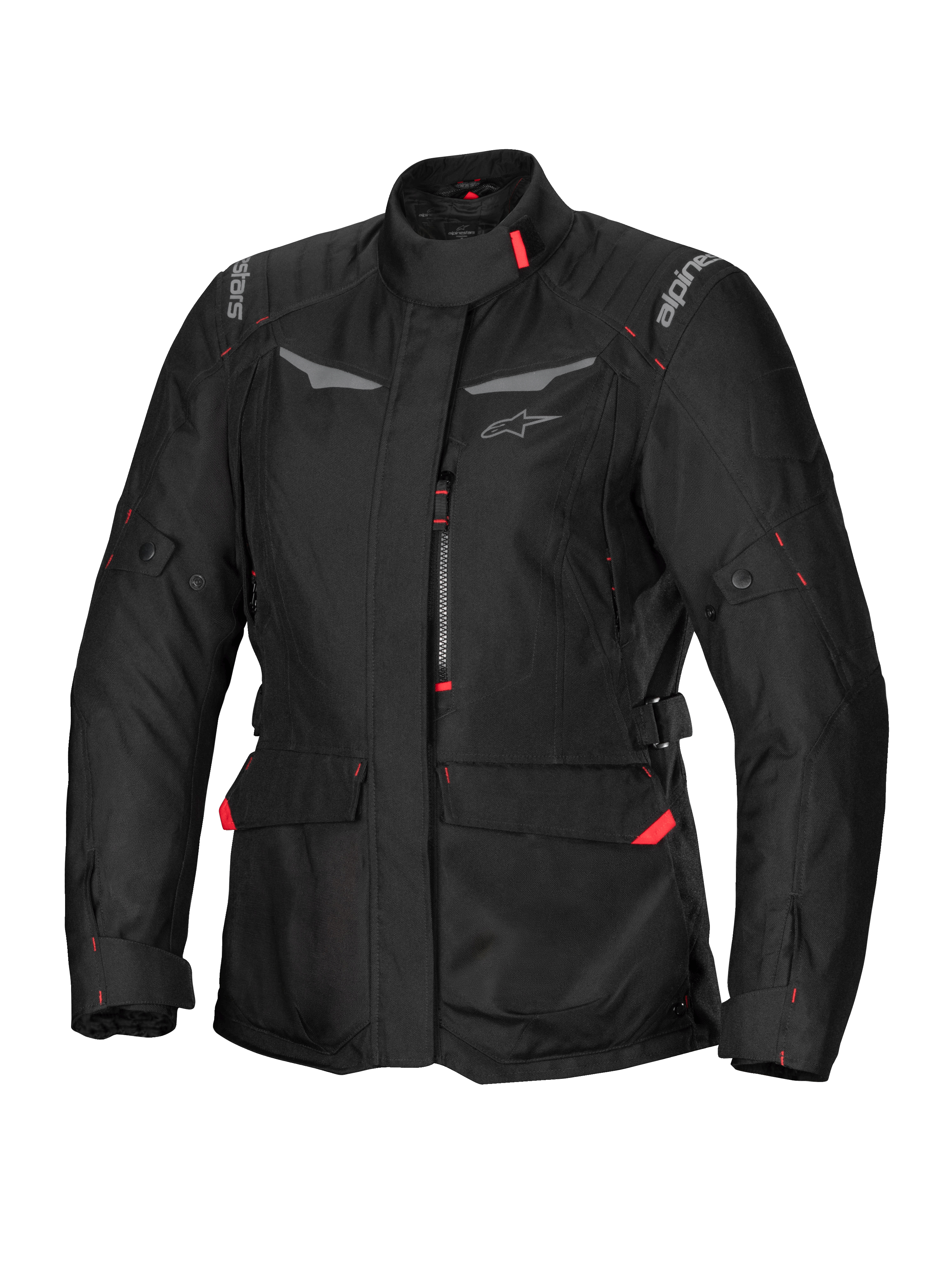 Alpinestars Stella ST-1 Wasserdichte Jacke, Damen-Motorrad-Tourenjacke, Schwarz mit roten Akzenten, hoher Kragen, Frontreißverschluss, große Cargo-Taschen an der Taille, verstellbare Taillen- und Ärmelbündchen, wetterfeste Konstruktion