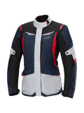 Alpinestars Stella ST-1 Wasserdichte Jacke, Damen-Motorrad-Tourenjacke, Dunkelblau, Schwarz und leuchtendes Rot, mit hellgrauen Einsätzen, hohem Kragen, Frontreißverschluss, Adventure-inspiriertes Design mit kantigen Formen und Cargo-Taschen