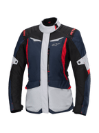 Alpinestars Stella ST-1 Wasserdichte Jacke, Damen-Motorrad-Tourenjacke, Dunkelblau, Schwarz und leuchtendes Rot, mit hellgrauen Einsätzen, hohem Kragen, Frontreißverschluss, Adventure-inspiriertes Design mit kantigen Formen und Cargo-Taschen