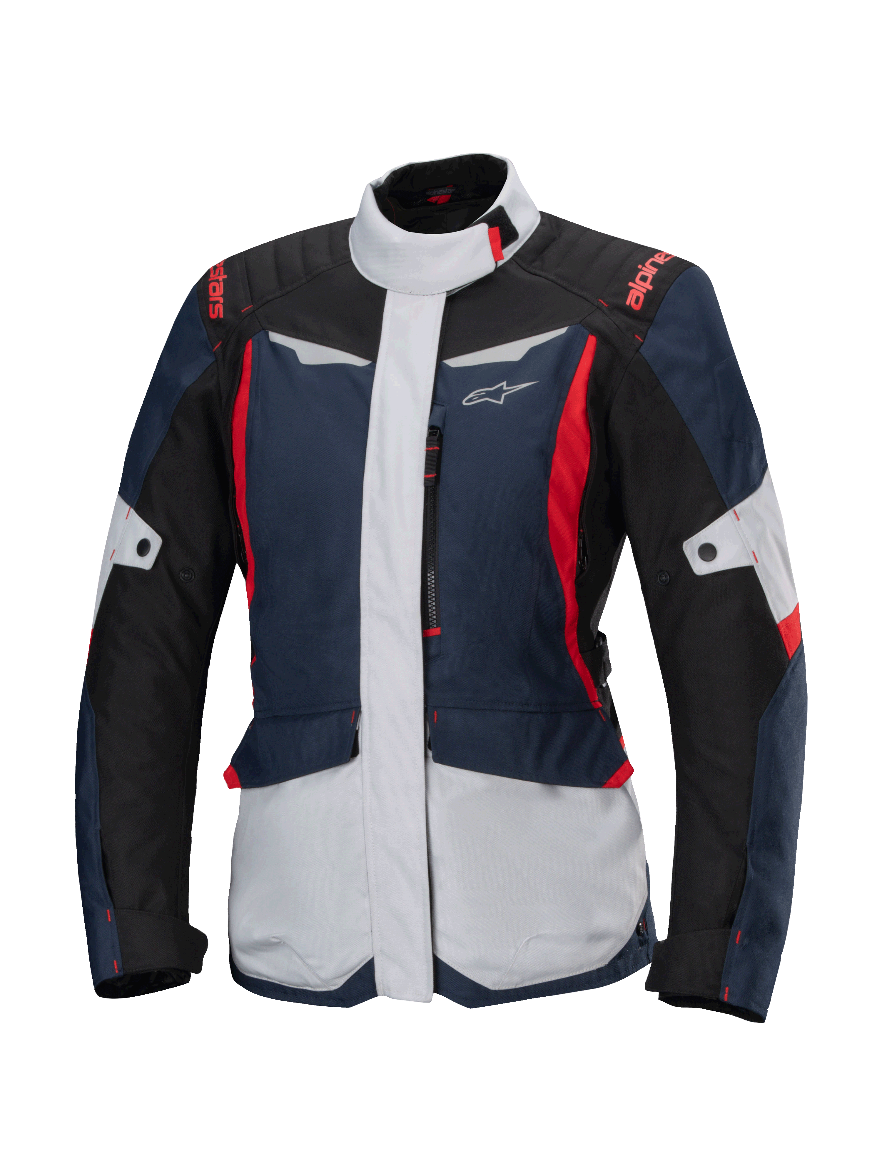 Alpinestars Stella ST-1 Wasserdichte Jacke, Damen-Motorrad-Tourenjacke, Dunkelblau, Schwarz und leuchtendes Rot, mit hellgrauen Einsätzen, hohem Kragen, Frontreißverschluss, Adventure-inspiriertes Design mit kantigen Formen und Cargo-Taschen