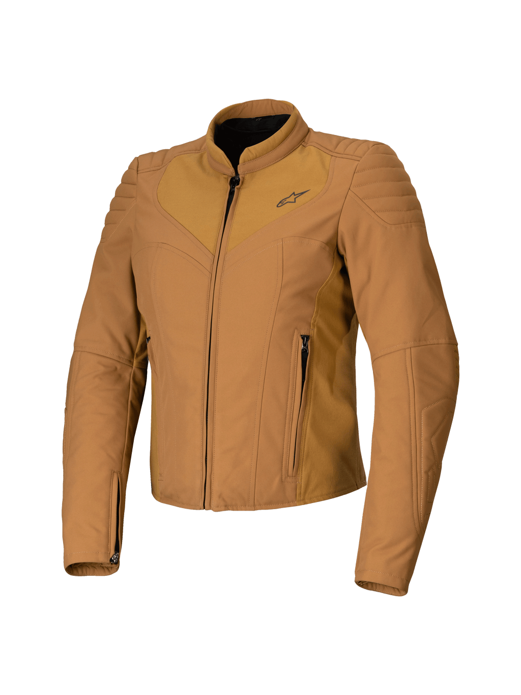 Alpinestars Isla WR Damenjacke, Utility Brown Light Gold, Braune Damen-Motorradjacke, Schmale taillierte Passform, Hoher Biker-Kragen, Gesteppte Schulterdetails, Frontreißverschluss mit Seitentaschen, Technische Urban-Riding-Ausrüstung