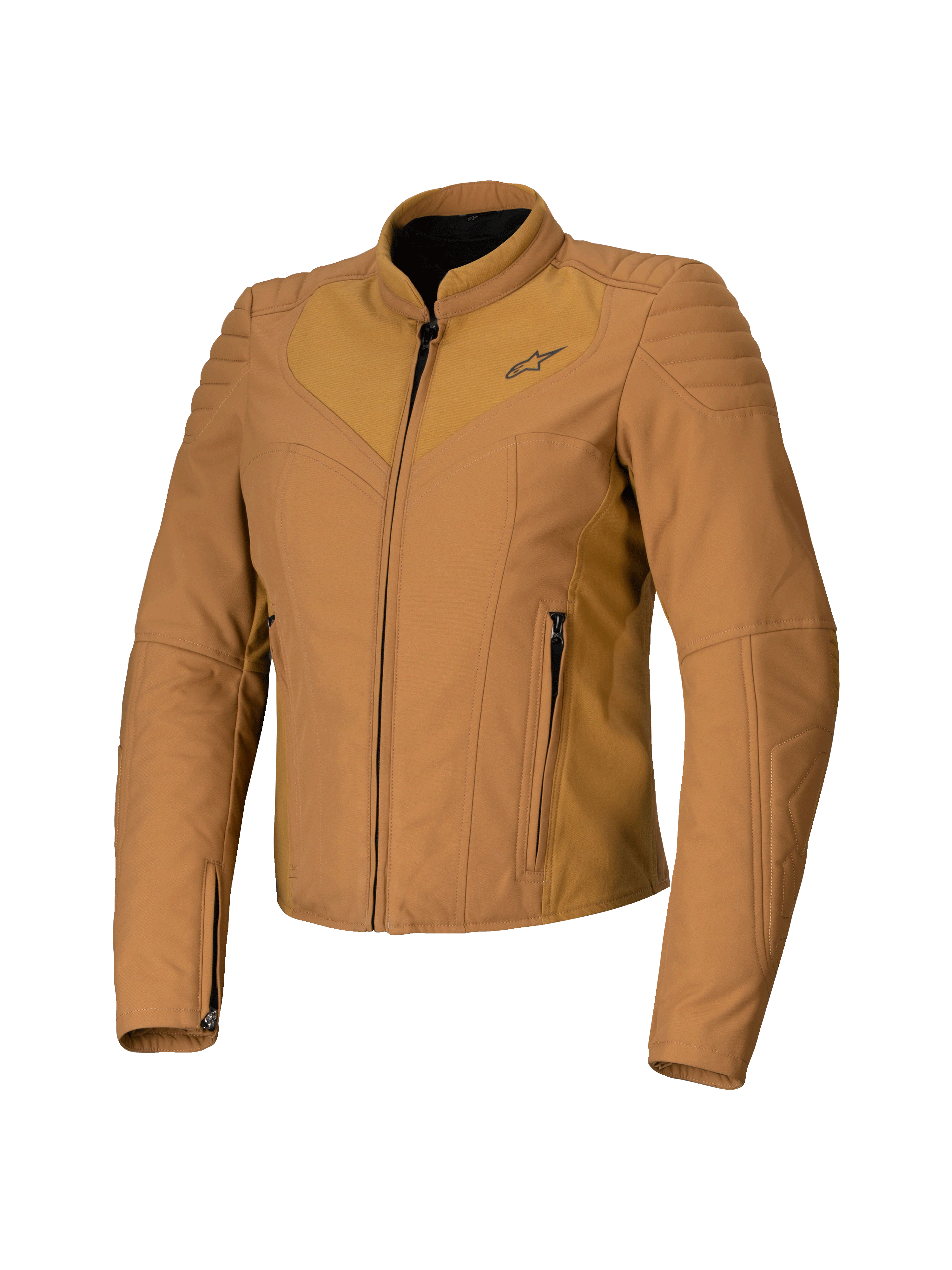 Alpinestars Isla WR Damenjacke, Utility Brown Light Gold, Braune Damen-Motorradjacke, Schmale taillierte Passform, Hoher Biker-Kragen, Gesteppte Schulterdetails, Frontreißverschluss mit Seitentaschen, Technische Urban-Riding-Ausrüstung