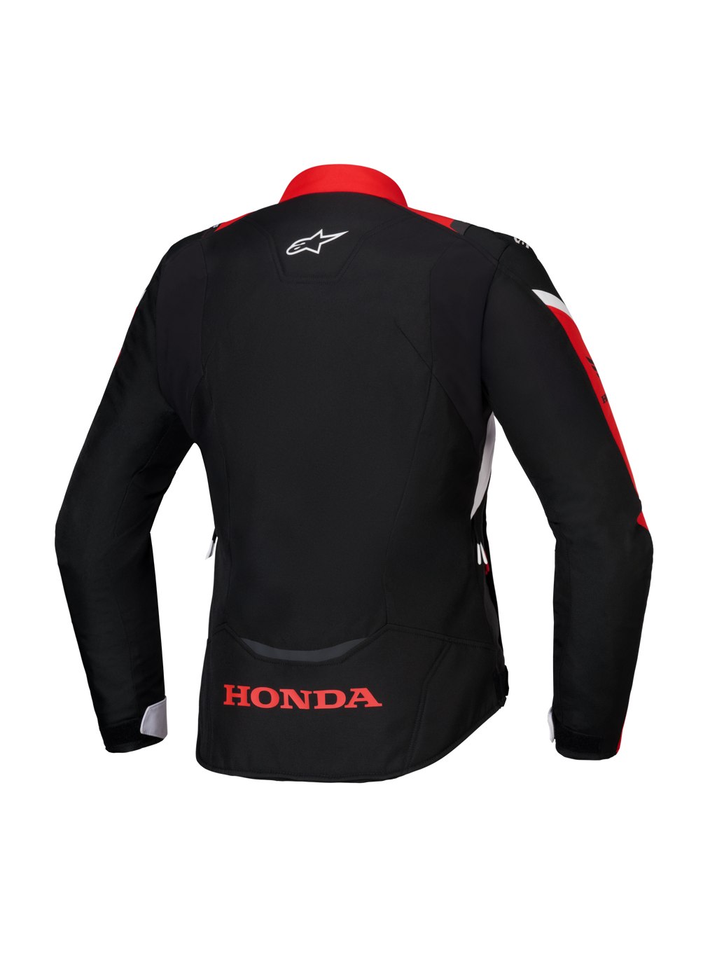Alpinestars Honda Stella T-Jaws V4 WP Jacke, Rückansicht, Schwarz mit leuchtend roten und weißen Akzenten, mit rotem Honda-Logo am unteren Rücken und weißem Alpinestars-Logo am Nacken, wasserdichte Textiljacke mit Damen-Sportpassform
