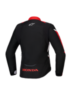 Alpinestars Honda Stella T-Jaws V4 WP Jacke, Rückansicht, Schwarz mit leuchtend roten und weißen Akzenten, mit rotem Honda-Logo am unteren Rücken und weißem Alpinestars-Logo am Nacken, wasserdichte Textiljacke mit Damen-Sportpassform