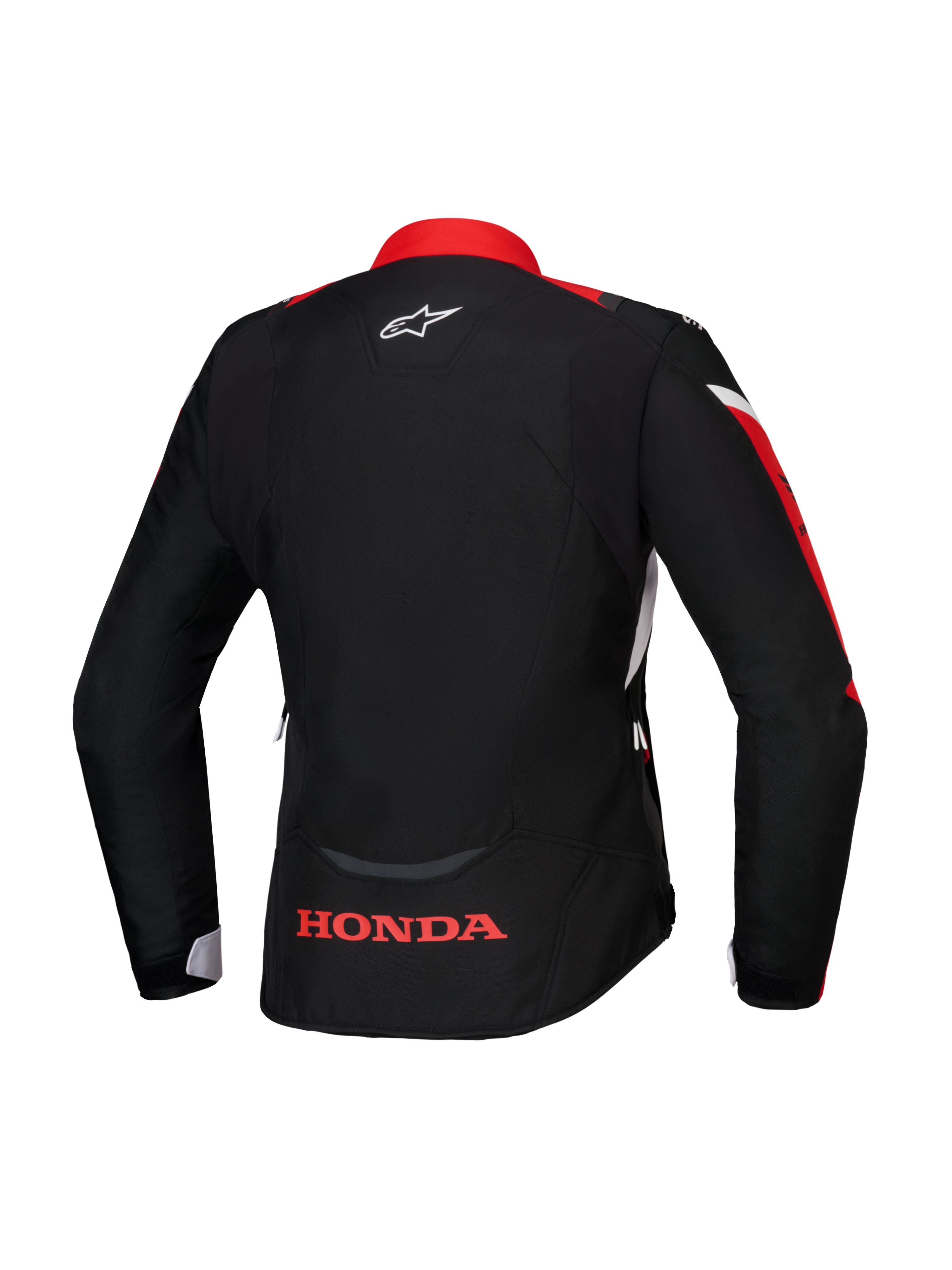 Alpinestars Honda Stella T-Jaws V4 WP Jacke, Rückansicht, Schwarz mit leuchtend roten und weißen Akzenten, mit rotem Honda-Logo am unteren Rücken und weißem Alpinestars-Logo am Nacken, wasserdichte Textiljacke mit Damen-Sportpassform