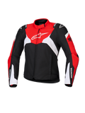 Alpinestars Honda Stella T-Jaws V4 WP Damenjacke, wasserdichte Sport-Motorradjacke für Damen, Schwarz mit leuchtend roten und weißen Einsätzen, mit Honda-Branding an den Ärmeln und weißem Alpinestars-Logo auf der Brust, technische Textilkonstruktion mit sportlicher Silhouette