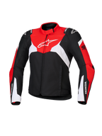Alpinestars Honda Stella T-Jaws V4 WP Damenjacke, wasserdichte Sport-Motorradjacke für Damen, Schwarz mit leuchtend roten und weißen Einsätzen, mit Honda-Branding an den Ärmeln und weißem Alpinestars-Logo auf der Brust, technische Textilkonstruktion mit sportlicher Silhouette