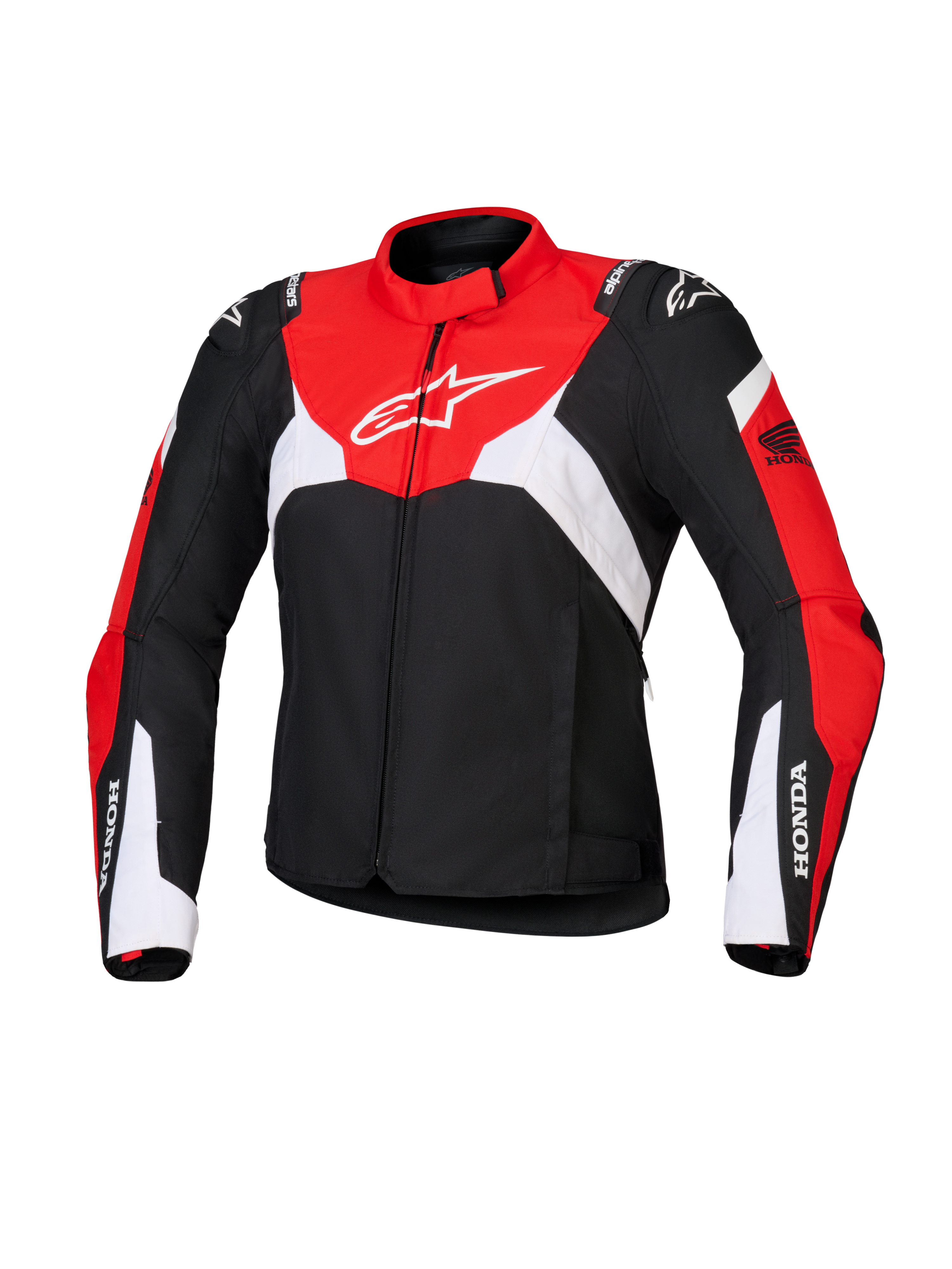 Alpinestars Honda Stella T-Jaws V4 WP Damenjacke, wasserdichte Sport-Motorradjacke für Damen, Schwarz mit leuchtend roten und weißen Einsätzen, mit Honda-Branding an den Ärmeln und weißem Alpinestars-Logo auf der Brust, technische Textilkonstruktion mit sportlicher Silhouette