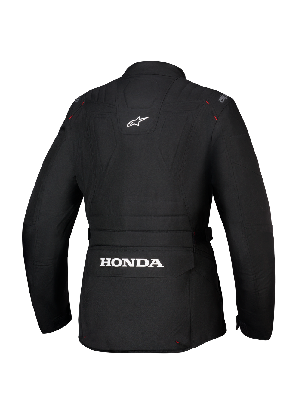 Alpinestars Honda Stella ST-1 WP Jacke, wasserdichte Damen-Motorradjacke, Schwarz, Rückansicht mit großem weißem Honda-Logo auf der unteren Cargo-Rückentasche, Alpinestars-Logo auf dem oberen Rücken, technische Textilkonstruktion mit Adventure-Touring-Silhouette und roten Nahtdetails.