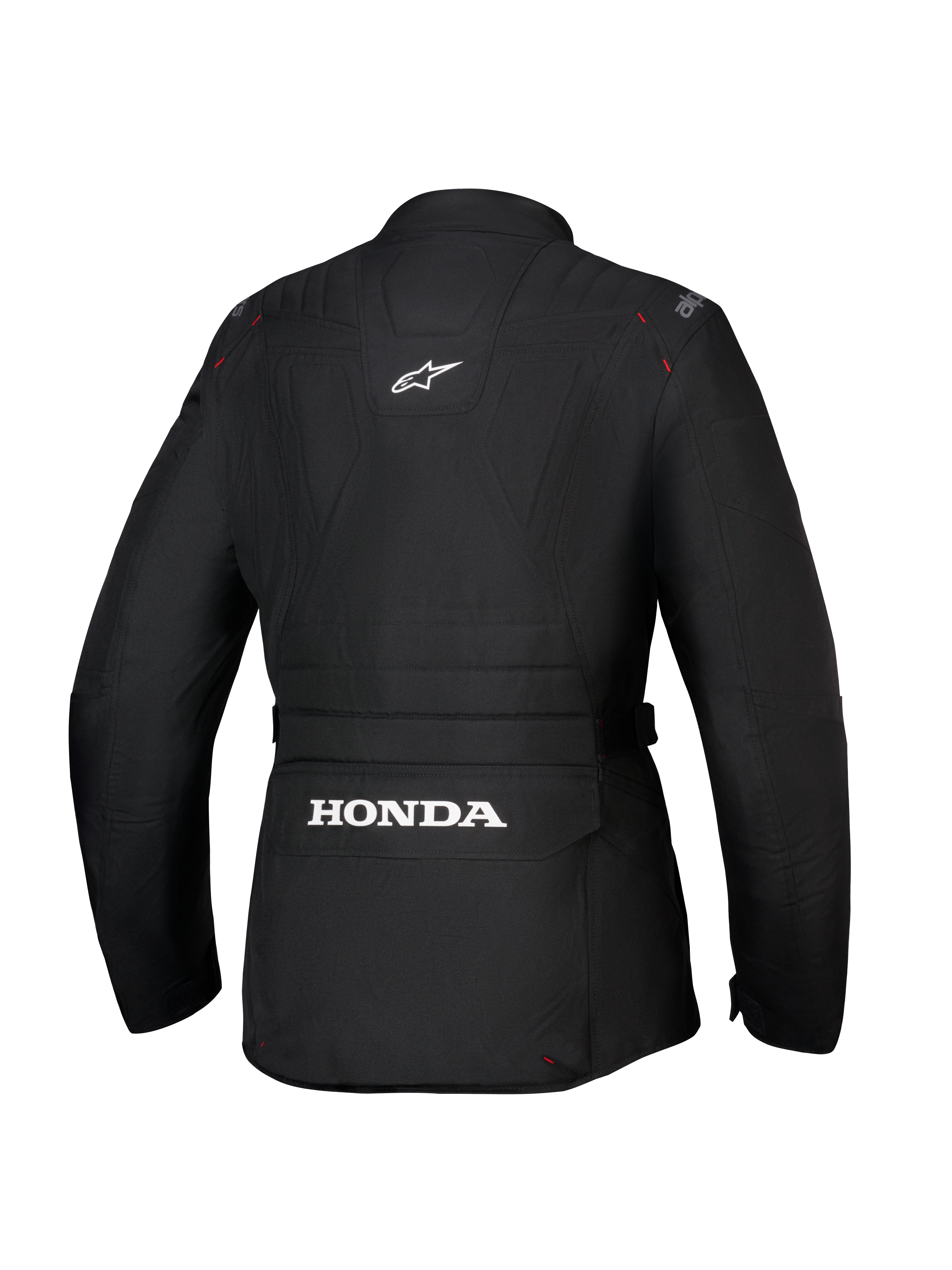 Alpinestars Honda Stella ST-1 WP Jacke, wasserdichte Damen-Motorradjacke, Schwarz, Rückansicht mit großem weißem Honda-Logo auf der unteren Cargo-Rückentasche, Alpinestars-Logo auf dem oberen Rücken, technische Textilkonstruktion mit Adventure-Touring-Silhouette und roten Nahtdetails.
