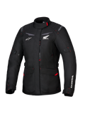 Honda Stella ST-1 WP Jacke, wasserdichte Damen-Tourenjacke, Schwarz mit roten Akzenten und weißen Honda-Logos, hoher Kragen, Frontreißverschluss, erweiterbare Cargotaschen, strapazierfähige Textil-Adventure-Ausrüstung