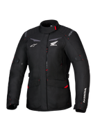 Honda Stella ST-1 WP Jacke, wasserdichte Damen-Tourenjacke, Schwarz mit roten Akzenten und weißen Honda-Logos, hoher Kragen, Frontreißverschluss, erweiterbare Cargotaschen, strapazierfähige Textil-Adventure-Ausrüstung
