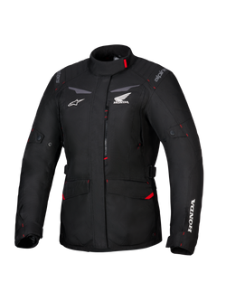 Honda Stella ST-1 WP Jacket, Women's Waterproof Touring Jacket, Black with red accents and white Honda logos, high collar, front zipper, expandable cargo pockets, durable textile adventure gear