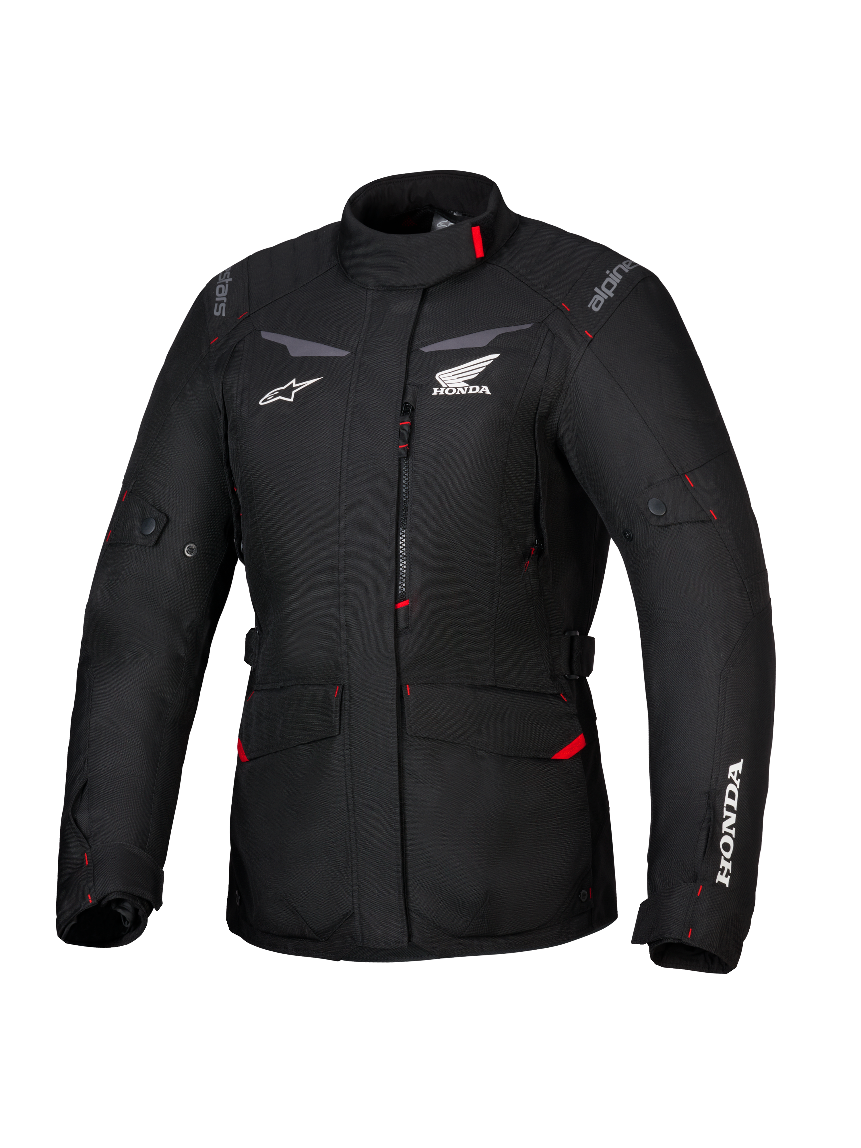 Honda Stella ST-1 WP Jacke, wasserdichte Damen-Tourenjacke, Schwarz mit roten Akzenten und weißen Honda-Logos, hoher Kragen, Frontreißverschluss, erweiterbare Cargotaschen, strapazierfähige Textil-Adventure-Ausrüstung