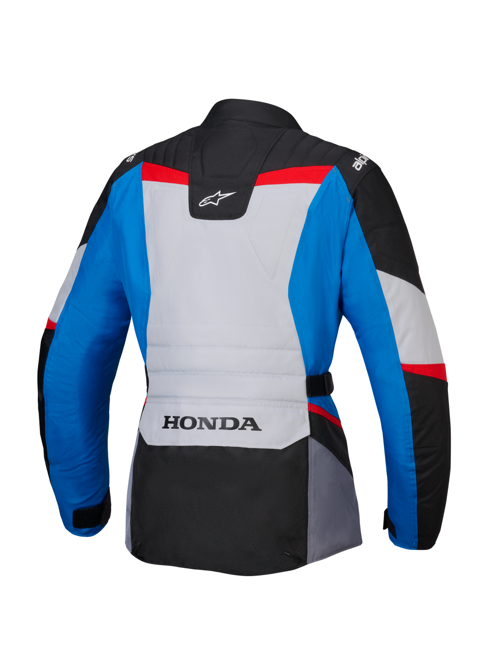 Alpinestars Honda Stella ST-1 WP Damenjacke, Rückansicht, Adventure-Touring-Motorradjacke in Blau, Eisgrau und Schwarz mit roten Akzenten, mit HONDA-Branding am unteren Rücken und Alpinestars-Logos auf den Schultern und dem oberen Rücken.