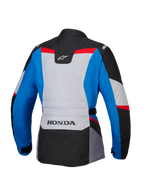 Alpinestars Honda Stella ST-1 WP Damenjacke, Rückansicht, Adventure-Touring-Motorradjacke in Blau, Eisgrau und Schwarz mit roten Akzenten, mit HONDA-Branding am unteren Rücken und Alpinestars-Logos auf den Schultern und dem oberen Rücken.