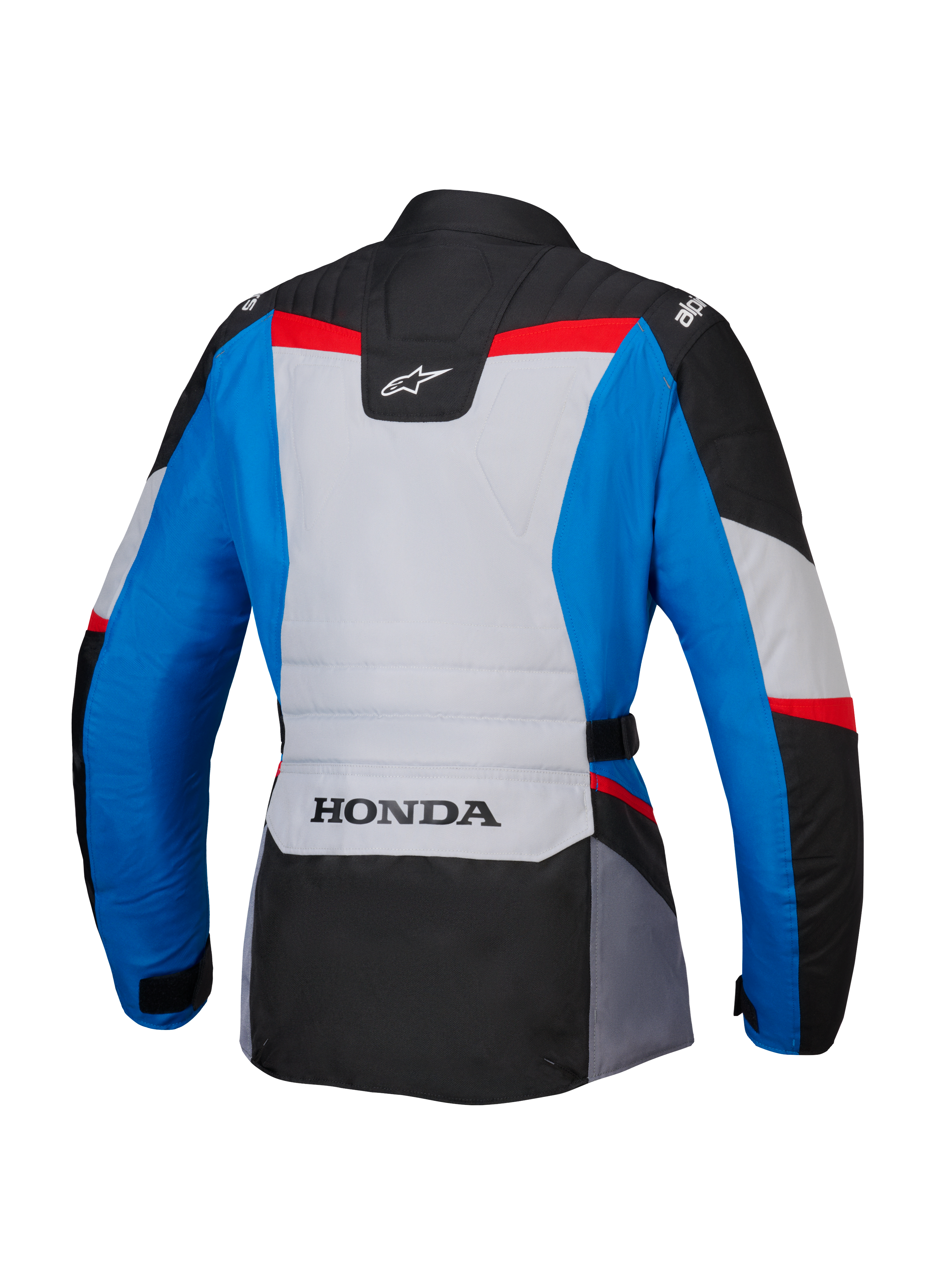 Alpinestars Honda Stella ST-1 WP Damenjacke, Rückansicht, Adventure-Touring-Motorradjacke in Blau, Eisgrau und Schwarz mit roten Akzenten, mit HONDA-Branding am unteren Rücken und Alpinestars-Logos auf den Schultern und dem oberen Rücken.