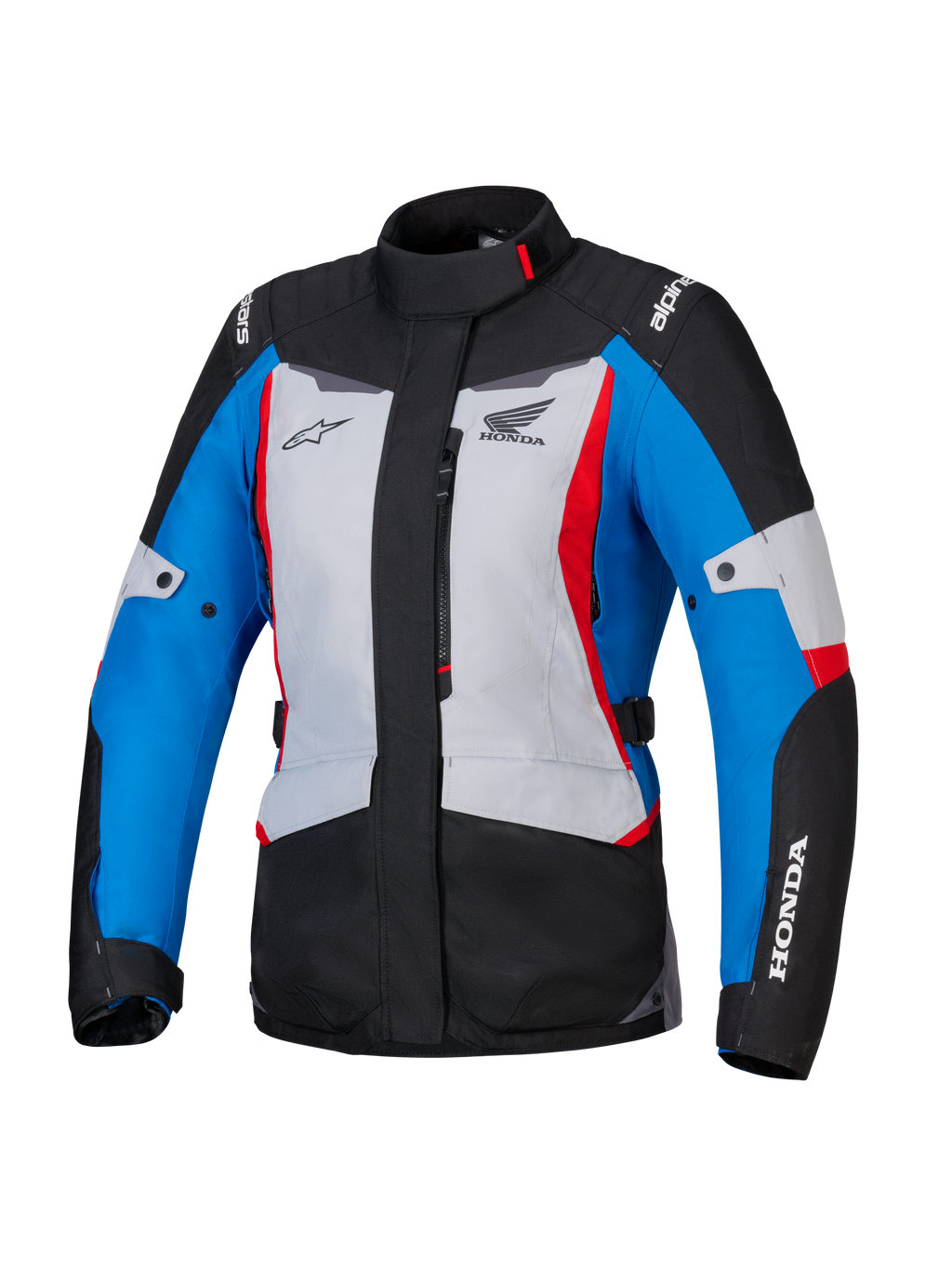 Alpinestars Honda Stella ST-1 WP Damenjacke, Wasserdichte Motorradjacke, Eisgrau, Blau und Schwarz mit roten Akzenten, hoher Kragen und Frontreißverschluss, Honda und Alpinestars Logos auf Brust und Ärmeln, strapazierfähige Adventure-Touring-Textiljacke