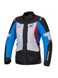 Alpinestars Honda Stella ST-1 WP Damenjacke, Wasserdichte Motorradjacke, Eisgrau, Blau und Schwarz mit roten Akzenten, hoher Kragen und Frontreißverschluss, Honda und Alpinestars Logos auf Brust und Ärmeln, strapazierfähige Adventure-Touring-Textiljacke