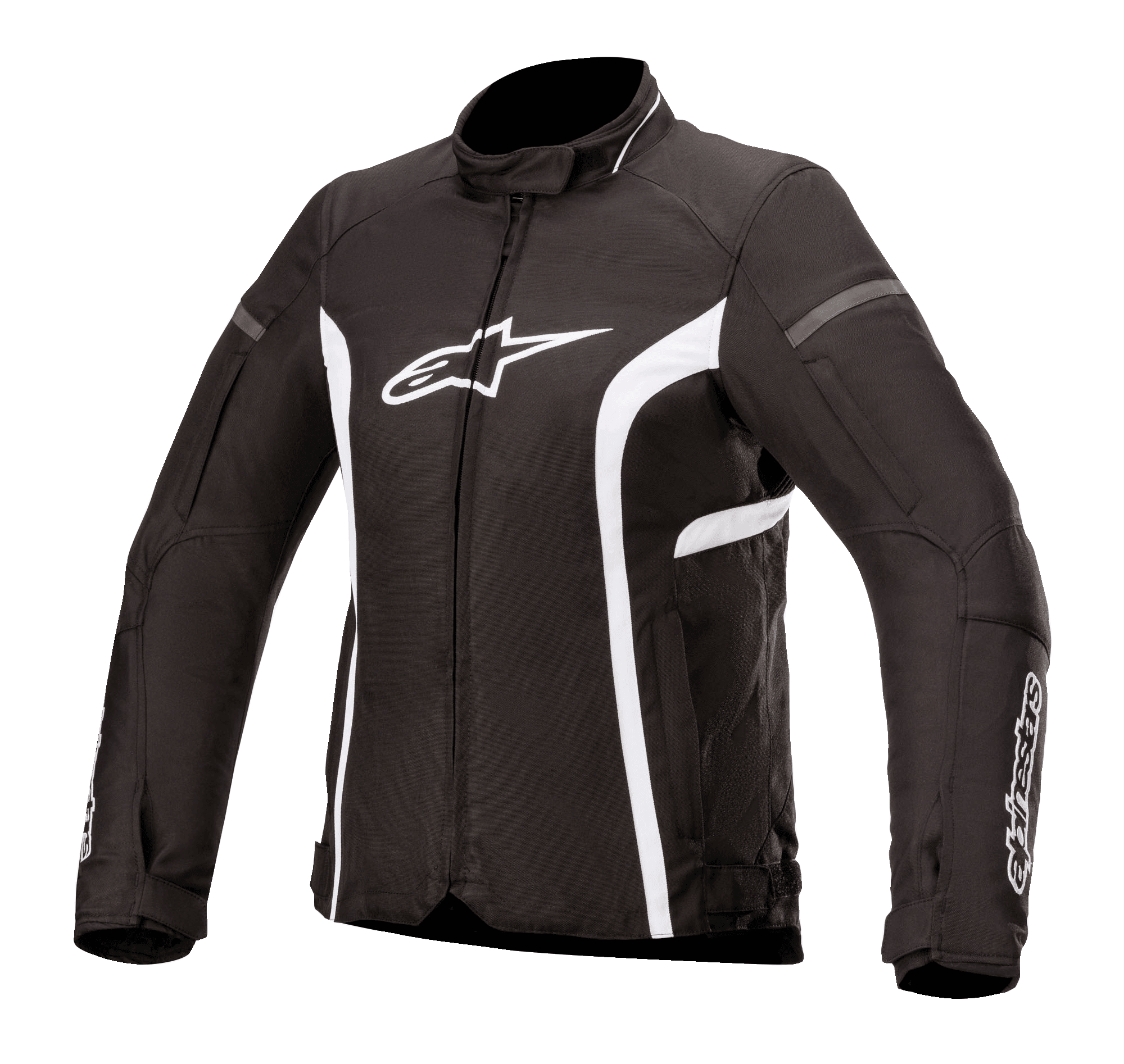 Alpinestars Stella T-Kira V2 Wasserdichte Jacke, Damen-Textil-Motorradjacke, Schwarz-Weiß, mit hohem Kragen, zentralem Reißverschluss, weißem Brust-Logo und geschwungenen weißen Streifen an den Seiten, sportliches Design für die Straße.
