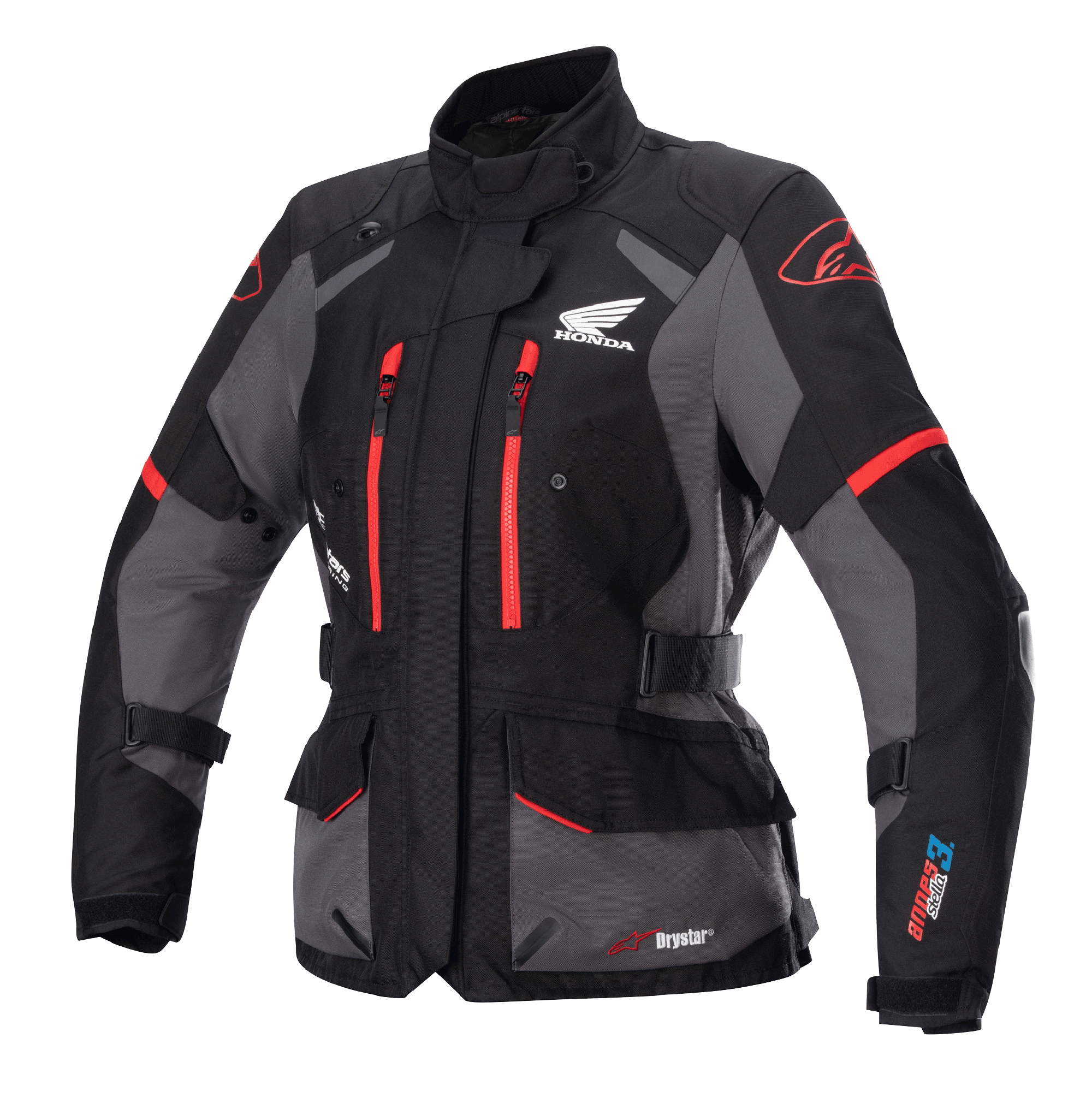 Alpinestars Stella Honda Andes V3 Drystar Damen-Motorradjacke, Tourenjacke, Schwarz und Grau mit leuchtend roten Akzenten, Honda Wing-Logo auf der Brust, rote Reißverschlüsse, verstellbare Taillen- und Armriemen, langlebige wasserdichte Konstruktion
