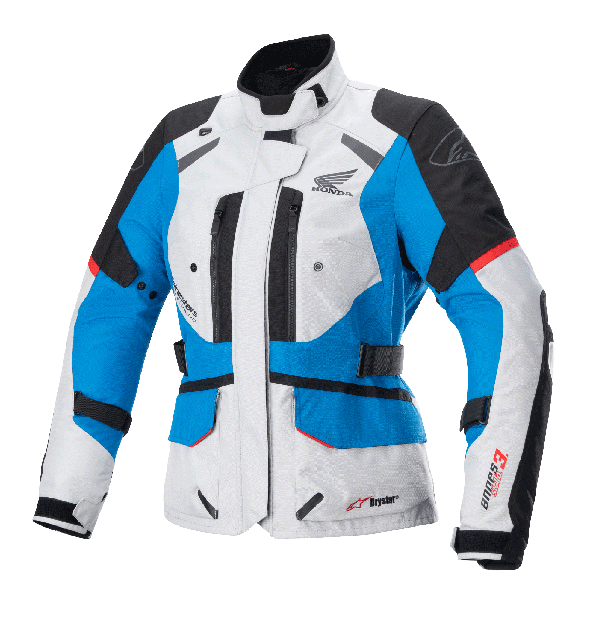 Alpinestars Stella Honda Andes V3 Drystar Damen-Motorradjacke, Tourenjacke, Eisgrau-Blau und leuchtendes Rot, wasserdichte Textilkonstruktion mit Honda Wing-Logo, Belüftungsreißverschlüsse und verstellbare Taillengurte