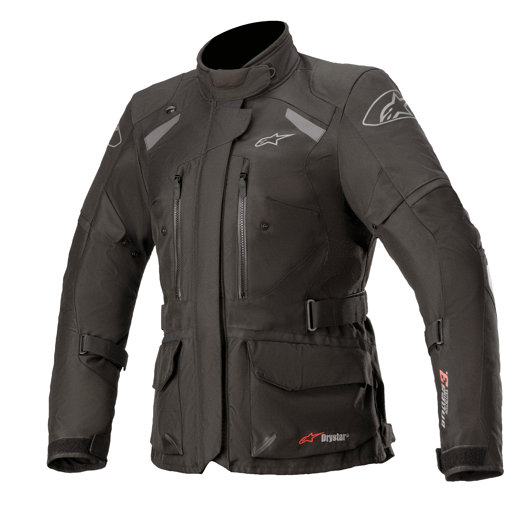 Alpinestars Damen Stella Andes V3 Drystar Jacke, Schwarz Dunkelgrau, Adventure-Touring-Motorradjacke, wasserdichte Textilkonstruktion, mehrere Cargo- und Brusttaschen, verstellbarer Taillengürtel, hoher Kragen und reflektierende Details für Allwetterschutz