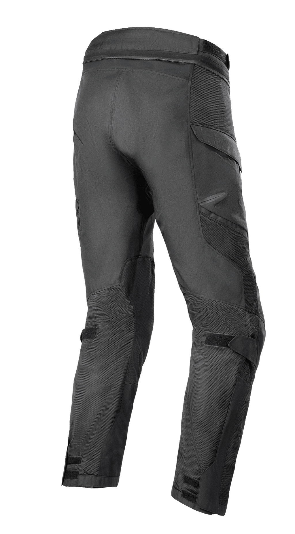 Alpinestars Andes Air Drystar® Hose - Kurze Länge, Adventure-Touring-Hose, Schwarz, Dreiviertel-Rückansicht mit umfangreichen 2D-Mesh-Einsätzen für Luftzirkulation, vorgeformter Beinkonstruktion sowie verstellbaren Riemen an Knien und Knöcheln.