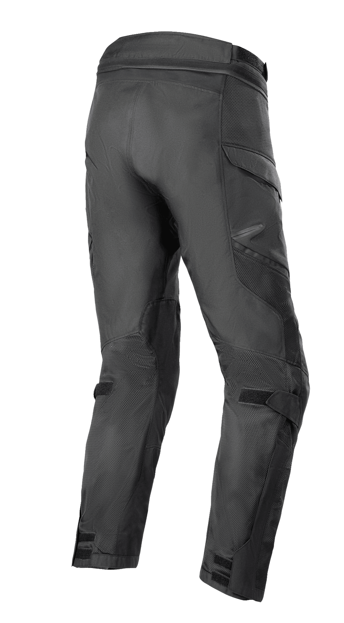 Alpinestars Andes Air Drystar® Hose - Kurze Länge, Adventure-Touring-Hose, Schwarz, Dreiviertel-Rückansicht mit umfangreichen 2D-Mesh-Einsätzen für Luftzirkulation, vorgeformter Beinkonstruktion sowie verstellbaren Riemen an Knien und Knöcheln.