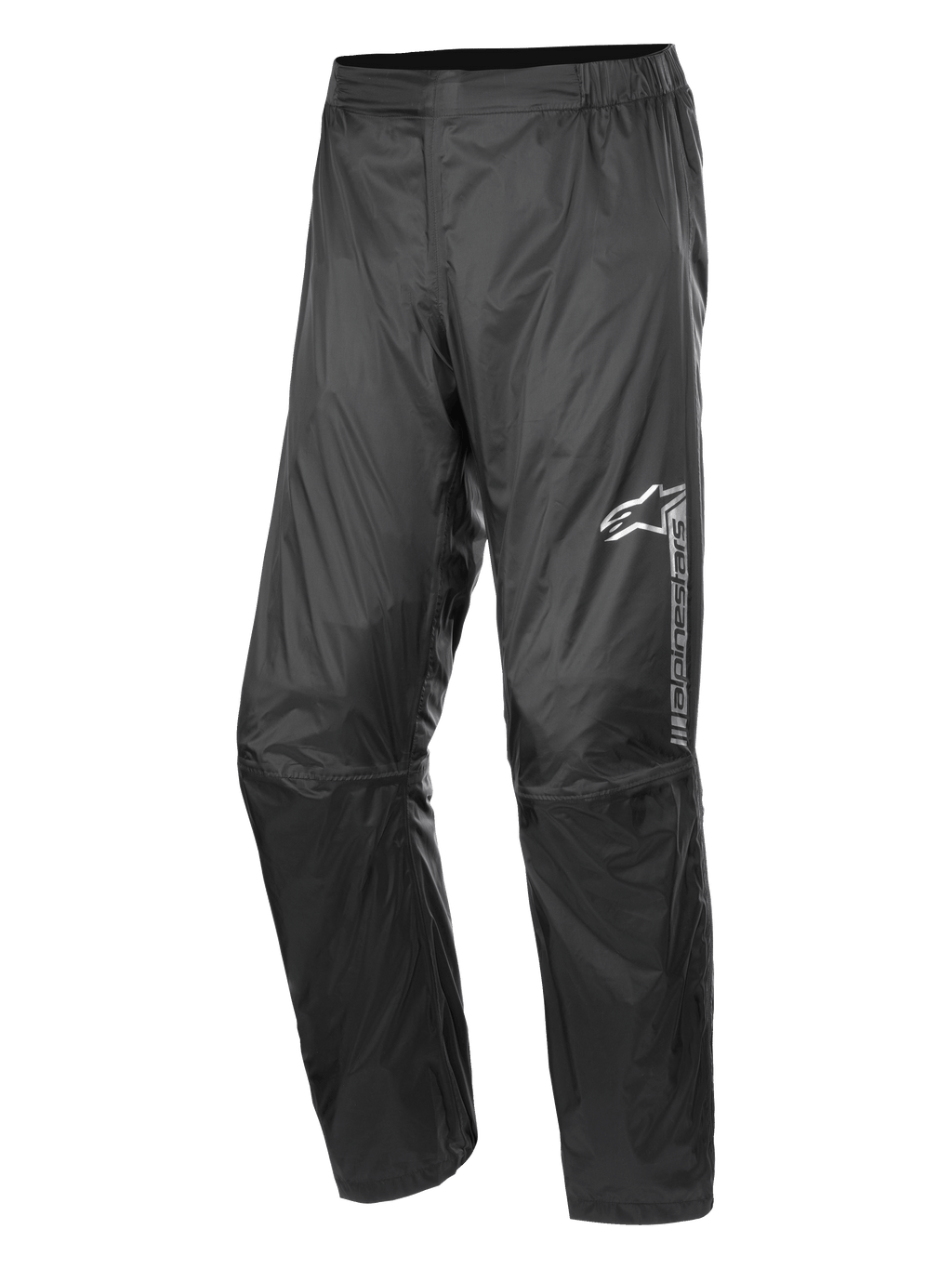 Alpinestars Hurricane Rain V2 Pant, Waterproof Motorcycle Rain Pants, Black, featuring reflective branding on the left thigh, elasticated waistband, ergonomic knee design, and shiny wind-resistant laminated fabric for road and adventure touring
