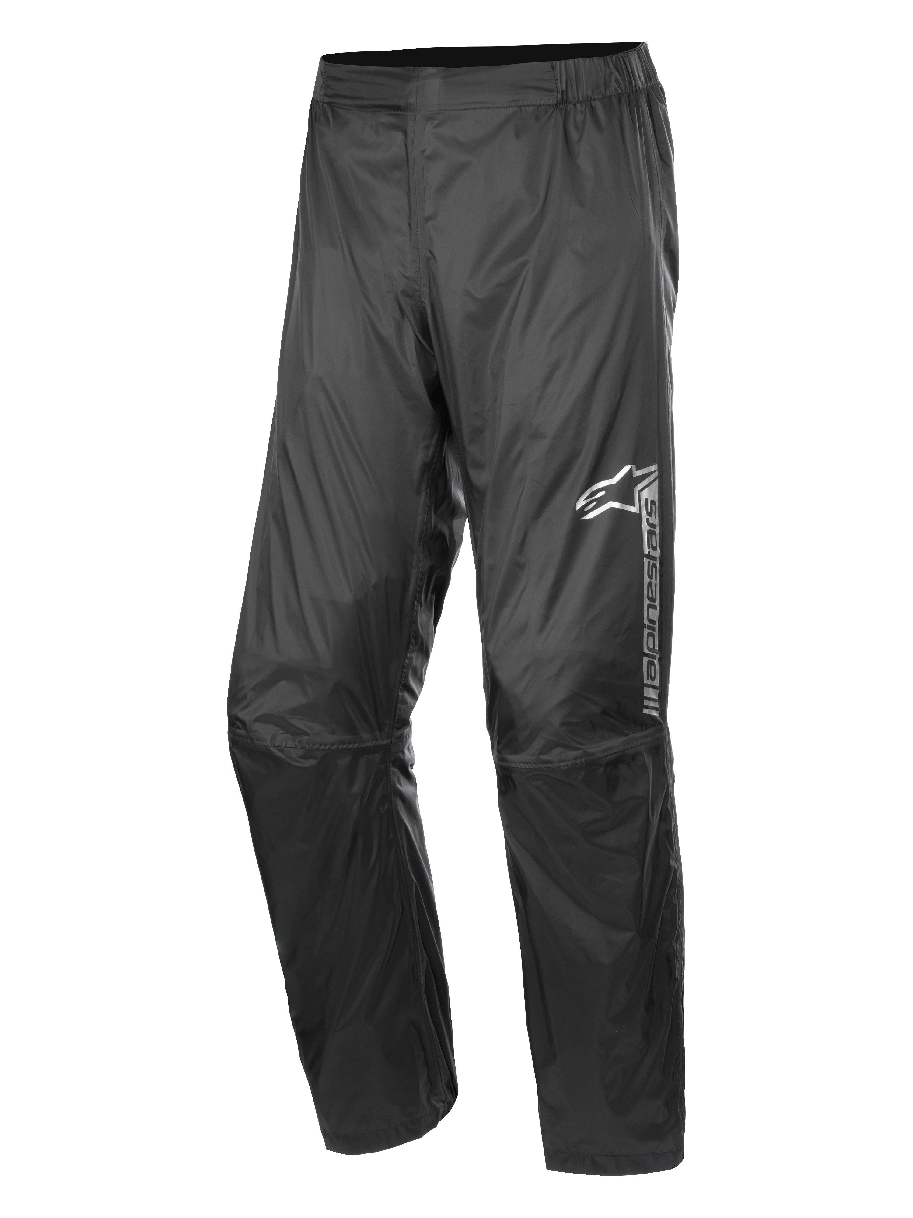 Alpinestars Hurricane Rain V2 Hose, Wasserdichte Motorrad-Regenhose, Schwarz, mit reflektierendem Branding am linken Oberschenkel, elastischem Bund, ergonomischem Kniedesign und glänzendem windresistentem laminiertem Gewebe für Straßen- und Adventure-Touren