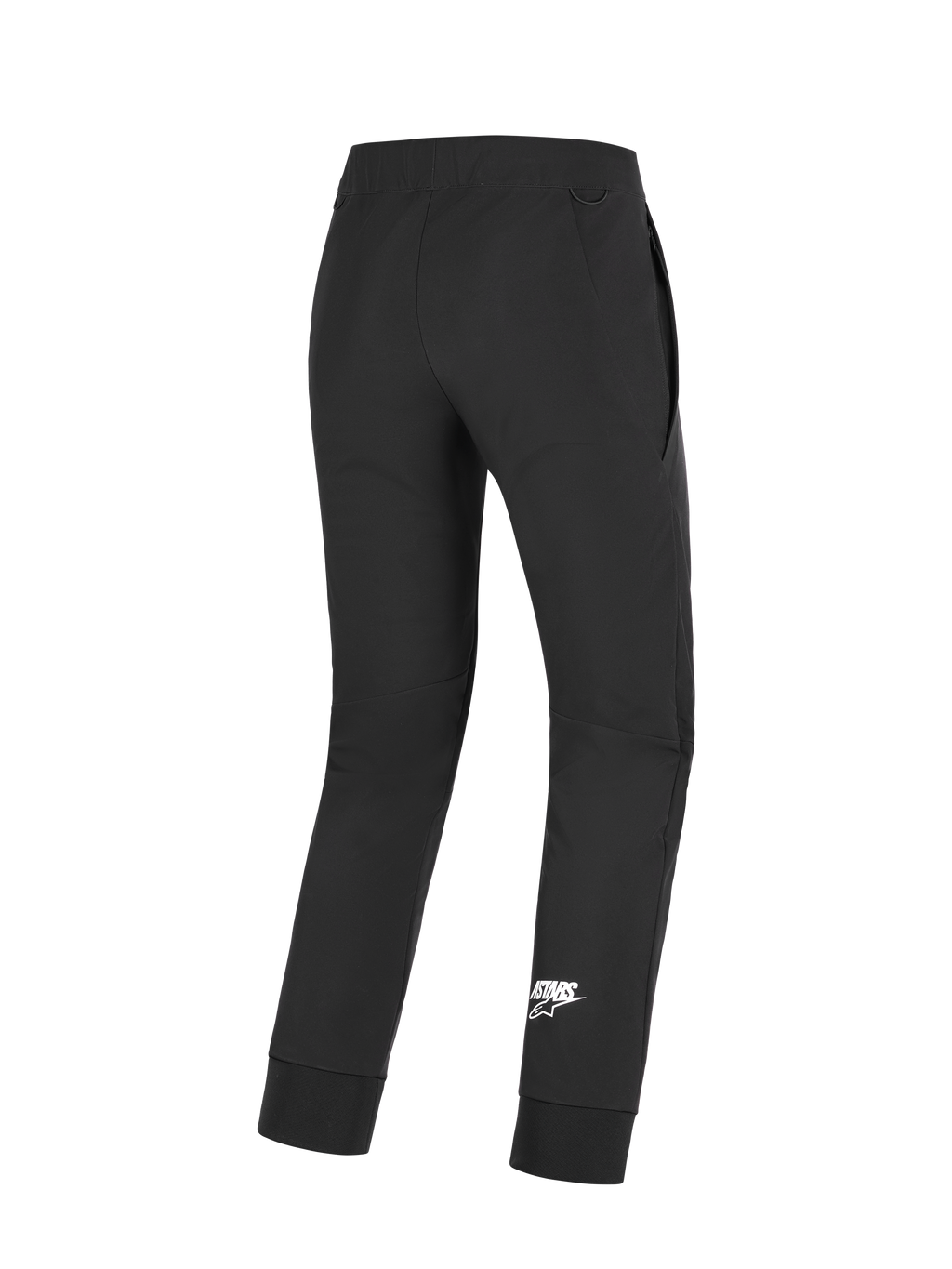 Alpinestars Aeroshell Hose, Motorradhose, Schwarz, Rückansicht mit weißem Astars-Logo am Unterschenkel, dehnbares Softshell-Gewebe, vorgeformte Knie und elastische Bündchen