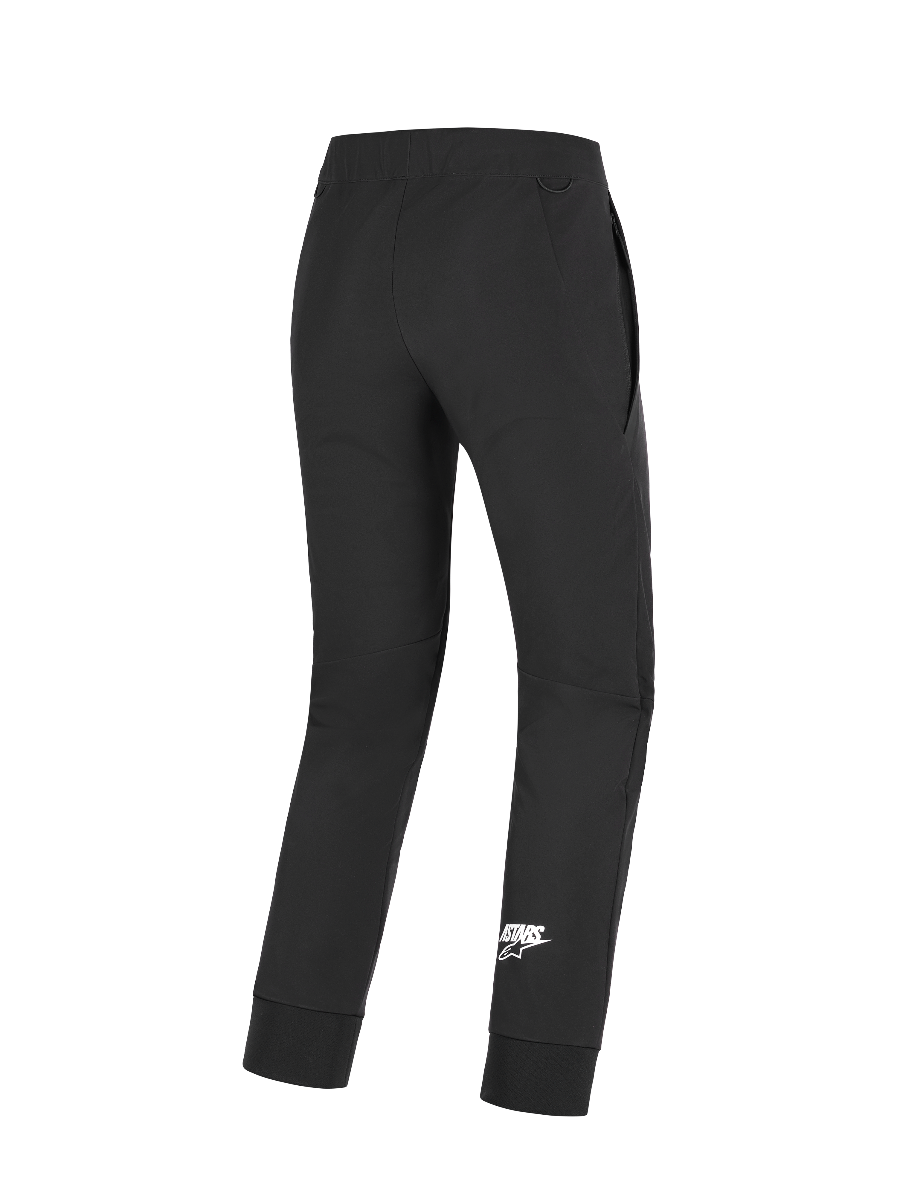 Alpinestars Aeroshell Hose, Motorradhose, Schwarz, Rückansicht mit weißem Astars-Logo am Unterschenkel, dehnbares Softshell-Gewebe, vorgeformte Knie und elastische Bündchen