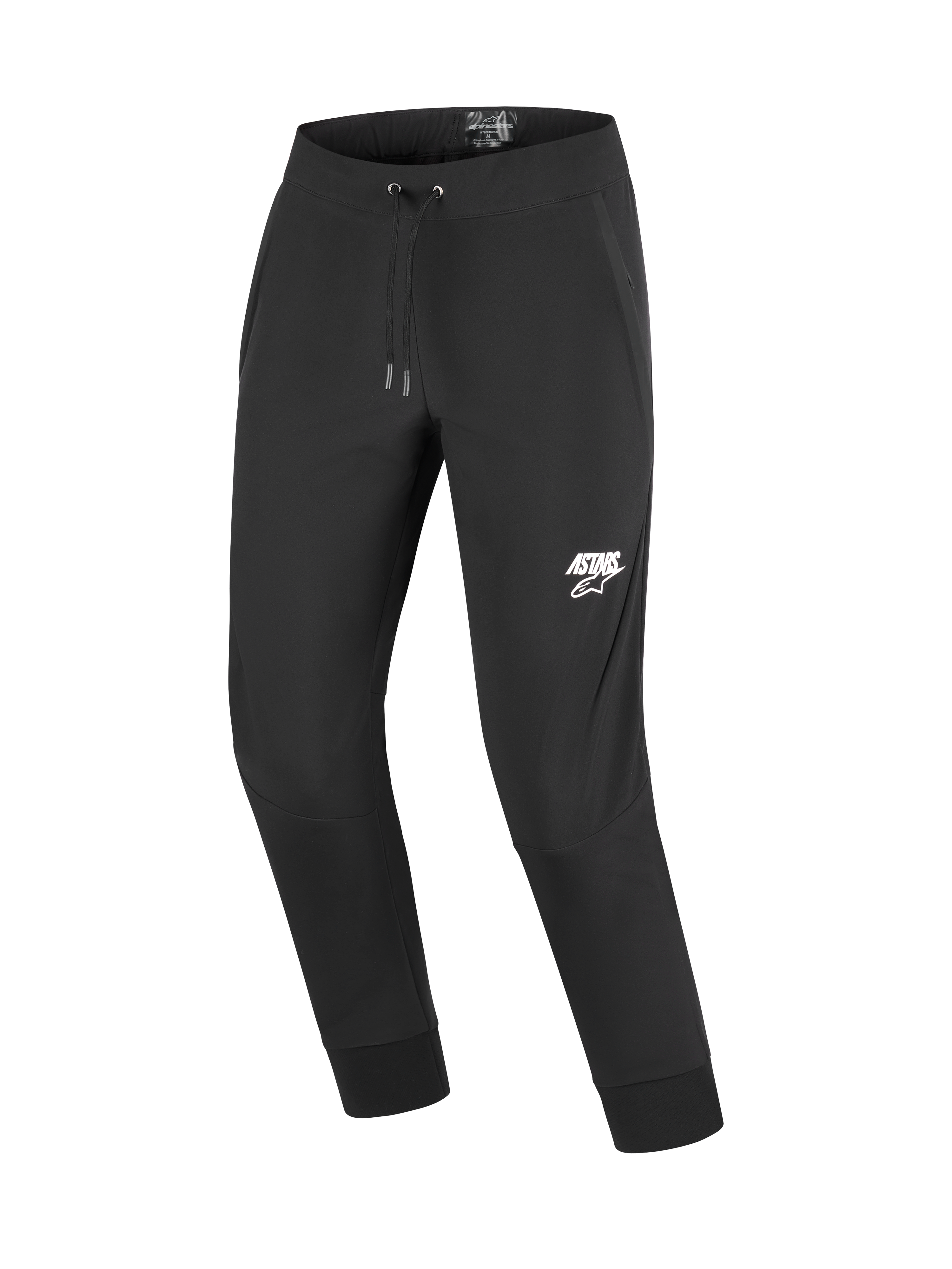 Alpinestars Aeroshell Hose, Motorrad-Softshell-Hose, Schwarz mit weißem ASTARS-Logo auf dem linken Oberschenkel, mit elastischem Kordelzug am Bund und gerippten Knöchelbündchen, entwickelt für Urban- und Freizeit-Touring-Fahrer