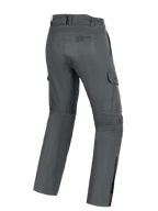 Alpinestars Borrego Drystar® Hose, Adventure-Motorradhose, Grau Anthrazit, Rückansicht mit Cargotaschen, rückseitigem Branding und Wadenreißverschlüssen, strapazierfähiges Textilmaterial in gewachster Canvas-Optik