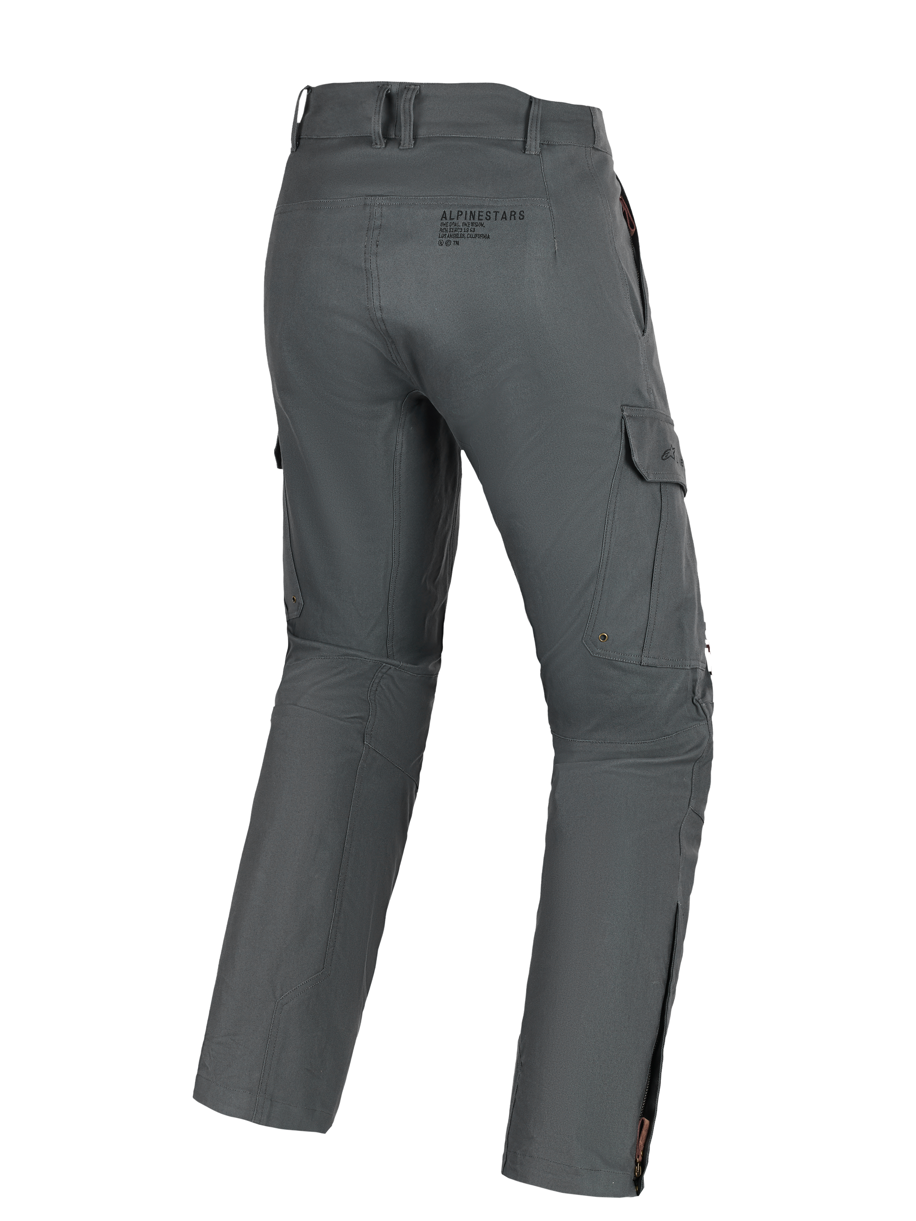 Alpinestars Borrego Drystar® Hose, Adventure-Motorradhose, Grau Anthrazit, Rückansicht mit Cargotaschen, rückseitigem Branding und Wadenreißverschlüssen, strapazierfähiges Textilmaterial in gewachster Canvas-Optik
