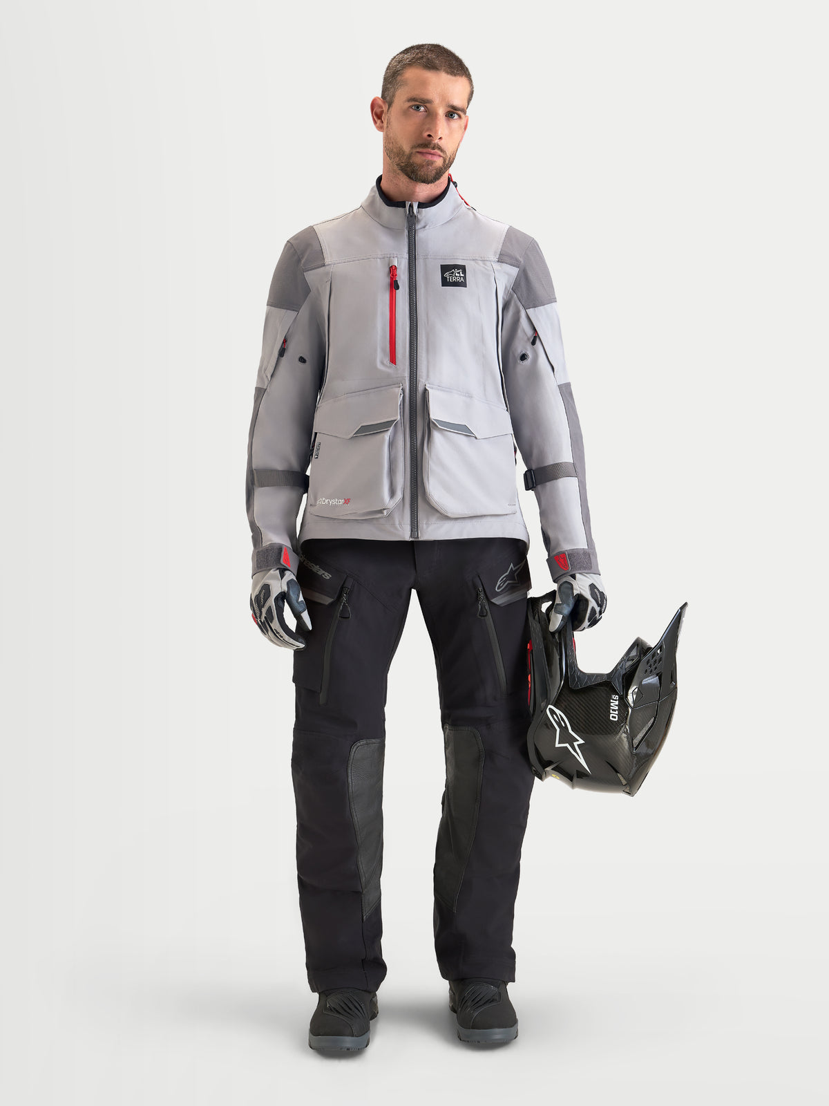 Alpinestars Maxdura Drystar®XF Laminated Pants, Men's Adventure Motorcycle Pants in Black and Dark Gray, featuring 3-layer laminated construction, CE Level 2 knee protection, and over-the-boot fit