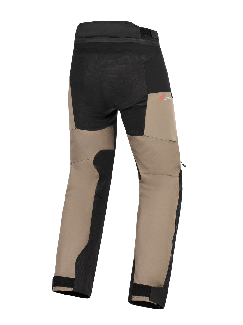 Alpinestars Andes V4 Drystar® Hose, Adventure-Motorradhose, Walnuss und Schwarz, Rückansicht mit verstärktem Gesäß und Innenbein-Einsätzen, rotem Drystar-Logo und verstellbaren Knöchelbündchen.