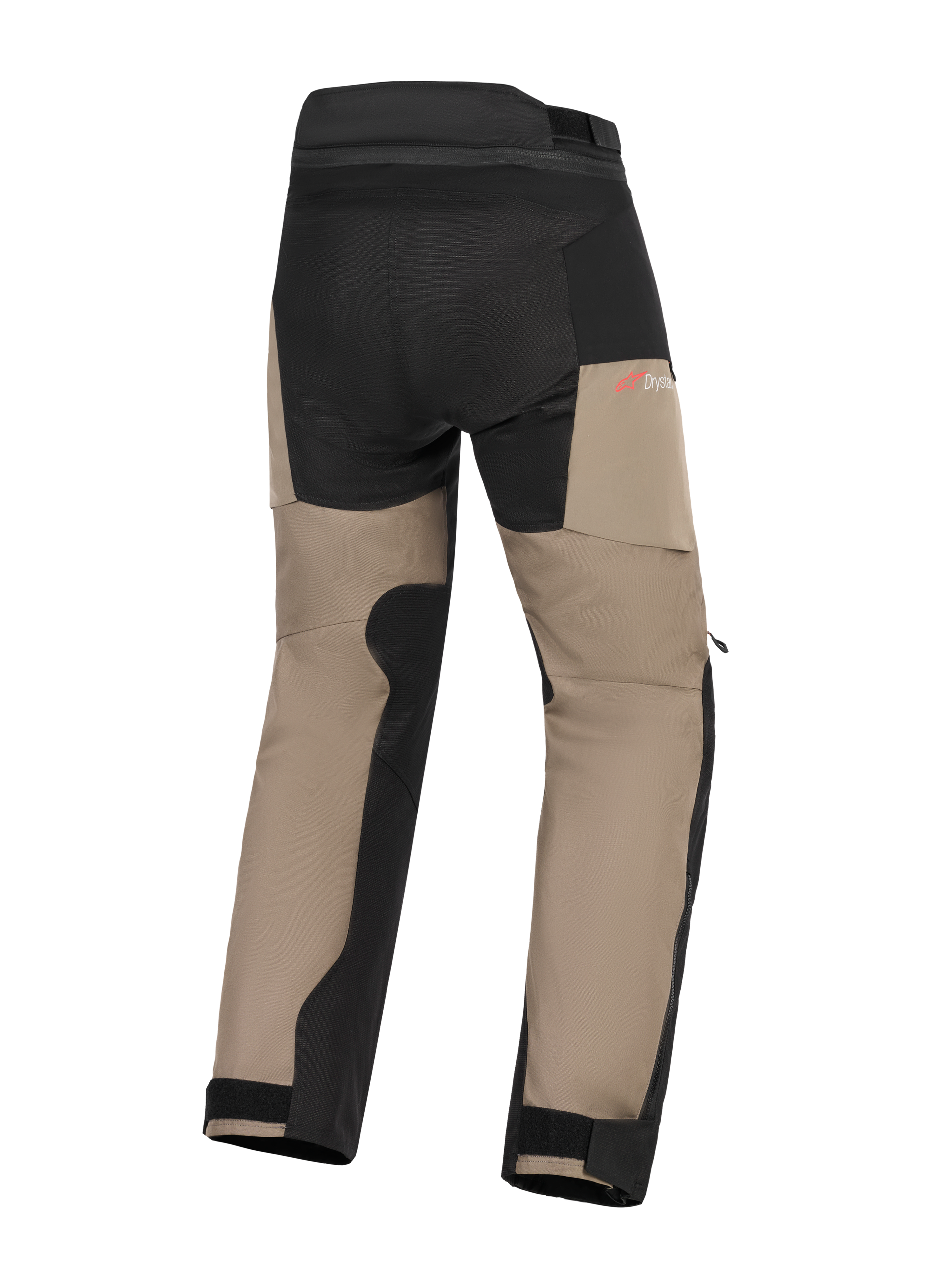 Alpinestars Andes V4 Drystar® Hose, Adventure-Motorradhose, Walnuss und Schwarz, Rückansicht mit verstärktem Gesäß und Innenbein-Einsätzen, rotem Drystar-Logo und verstellbaren Knöchelbündchen.